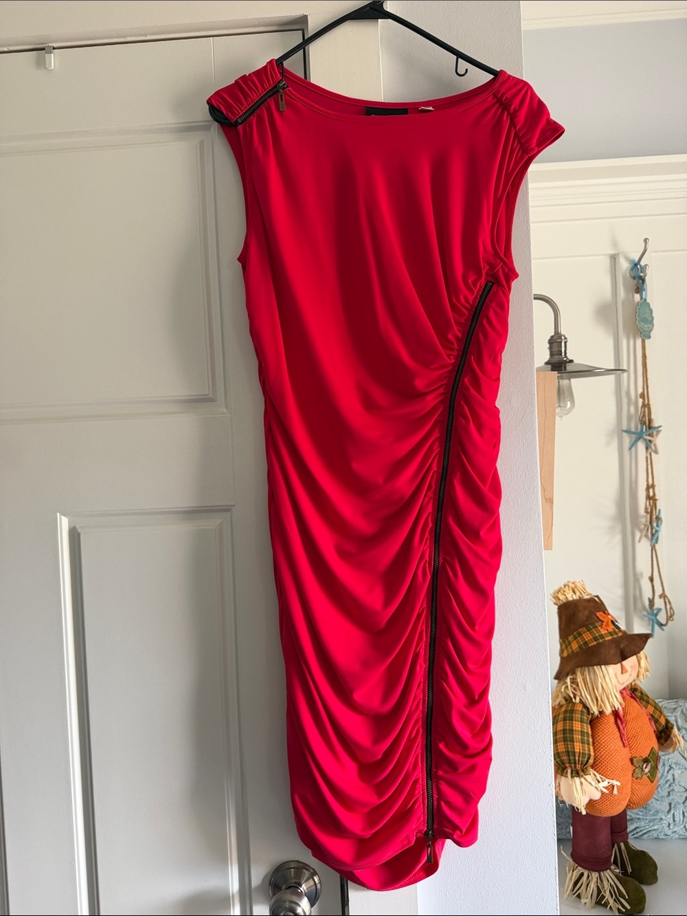 Sleeveless Red Midi Dress with Asymmetrical Zipper Detail